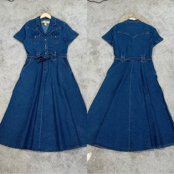 knee length dresses for ladies Downtown Stroll Denim Midi Dress Curves 1XL / Denim Medium Wash